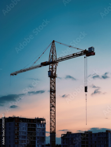 Construction crane at twilight, vertical photo. High quality generative ai