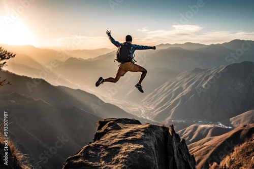 person jumping on the top of the mountain