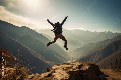 person jumping on the top of mountain