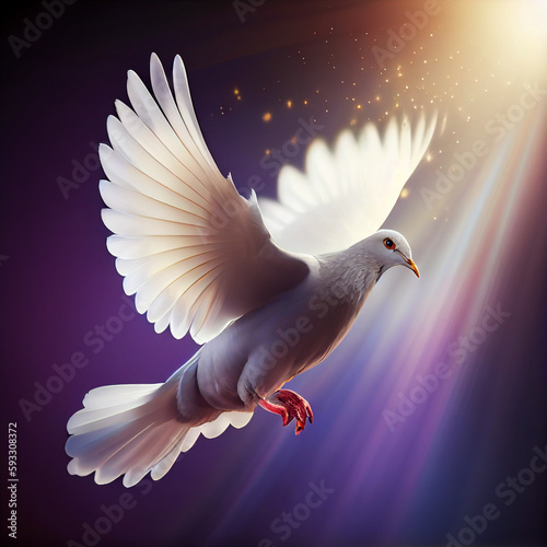 A beautiful dove flying in heaven like place with powerful light rays photo