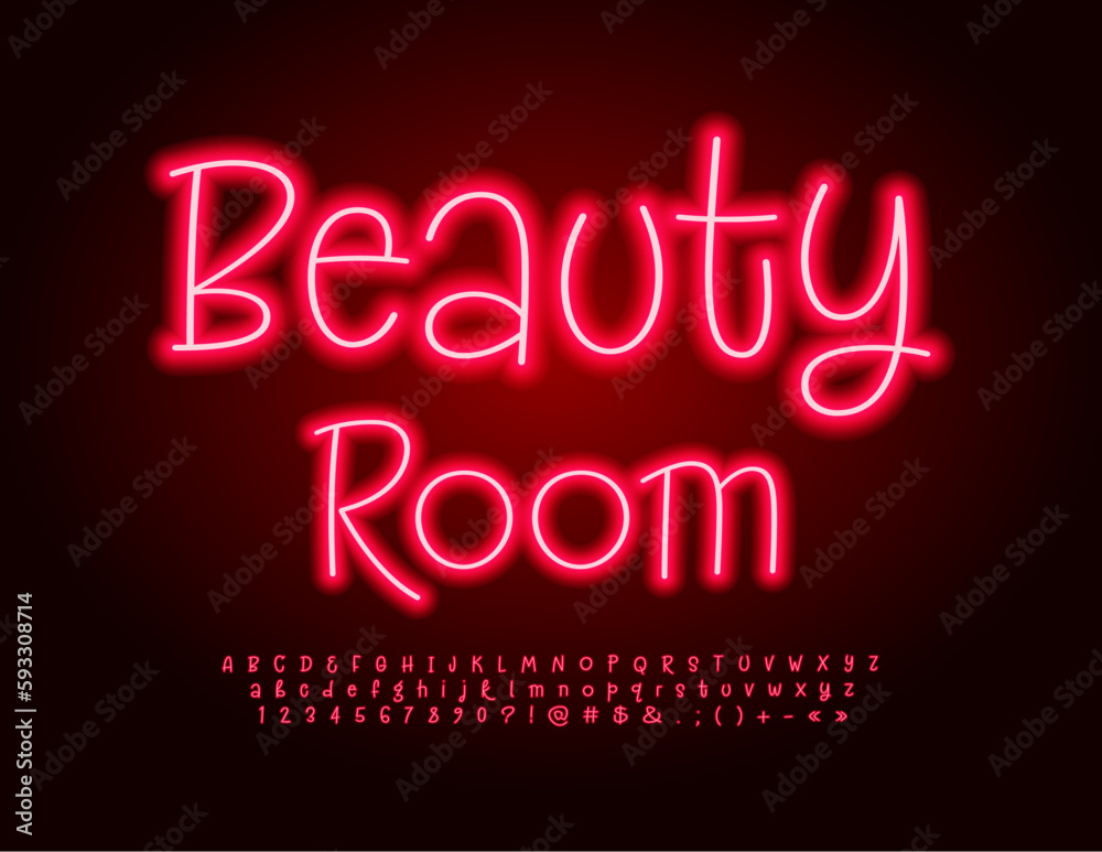 Vector neon Banner Beauty Room with Handwritten Alphabet Letters and Numbers. Modern Red Font Vector neon Banner Beauty Room with Handwritten Alphabet Letters and Numbers. Modern Red Font