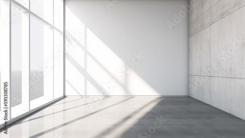 moderne pareti vuote in cemento bianco e grigiastro, luce da ampia vetrata, ideale per inserimento prodotto, copy space, ambiente ultramoderno, intelligenza artificiale photo