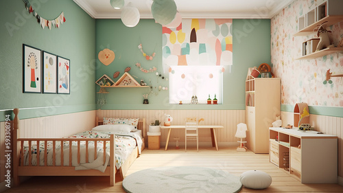 elegante e gioiosa camera da letto per bambini con dettagli in legno , stile scandinavo, spazio per inserimento prodotto e copy, ai photo