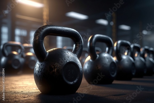 Empty Warehouse Gym  Rows of Kettlebells and Dumbbells  Awaiting Fitness Enthusiasts.