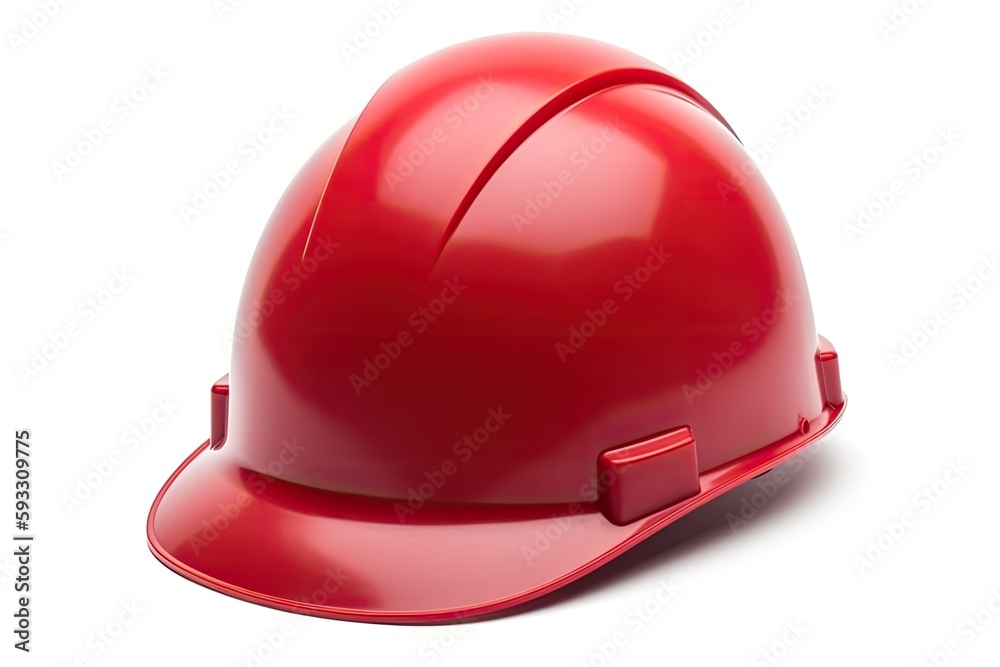 Flat lay of a red hardhat on a white background. Generative AI Flat lay of a red hardhat on a white background. Generative AI