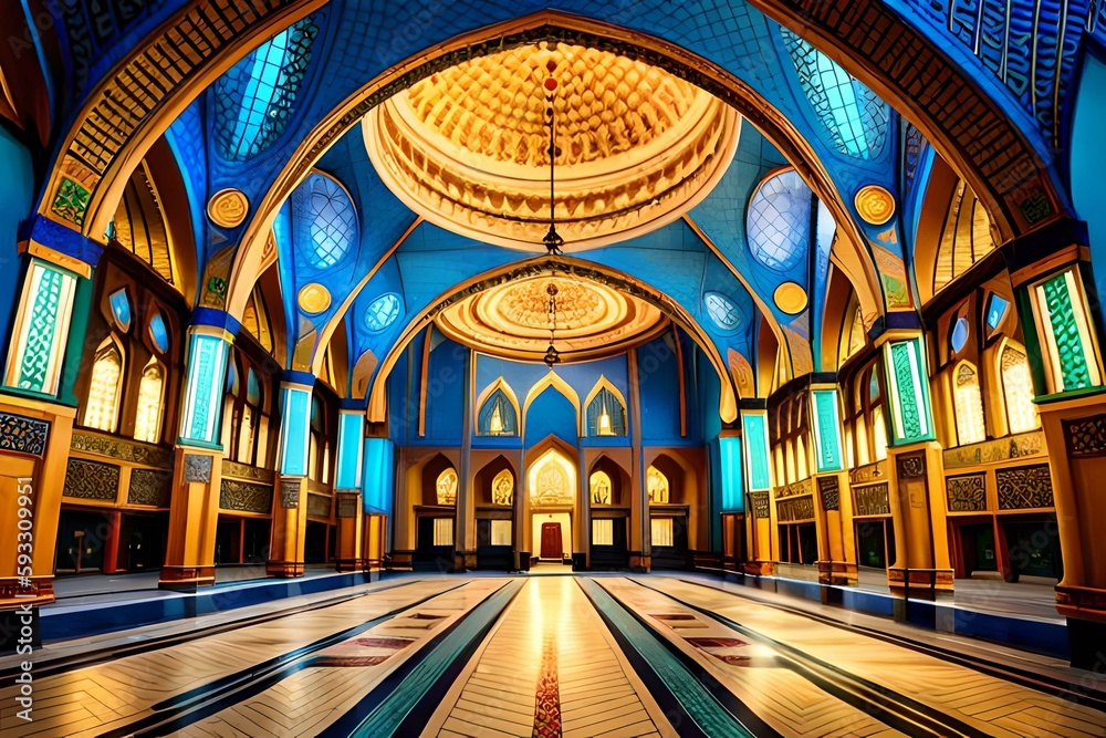 A Majestic Masjid Decorated with Blue and Golden Lights, Candles, Fanos, and Ornaments for Eid Prayers and Festivities