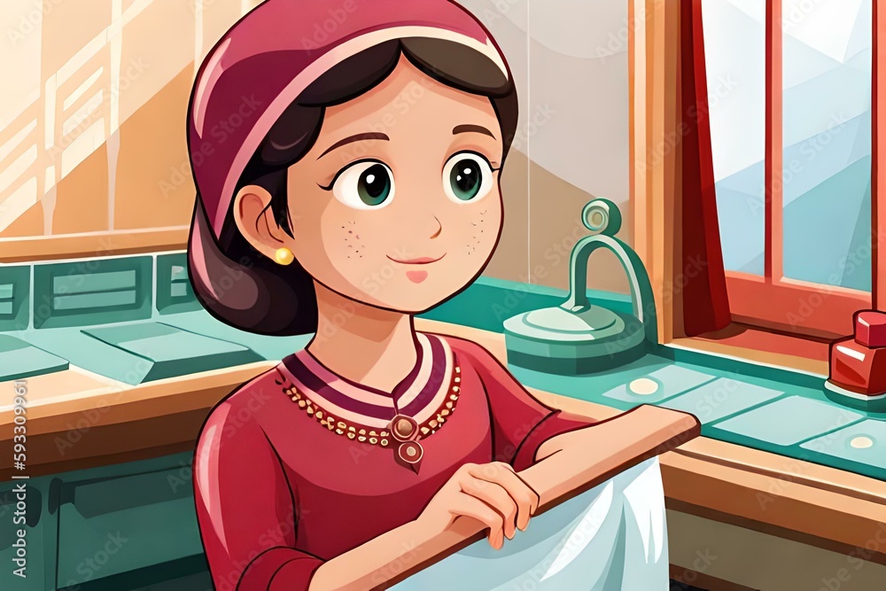 An Elegant Young Girl in Red Eid Outfit and Hijab with green eyes, Gold Earrings and Necklace Holding Fabric in Hand and in Kitchen An Elegant Young Girl in Red Eid Outfit and Hijab with green eyes, Gold Earrings and Necklace Holding Fabric in Hand and in Kitchen