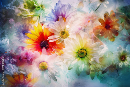 Watercolor blurred floral background. Colorful flowers on grunge background with space for text or image. Generative AI 