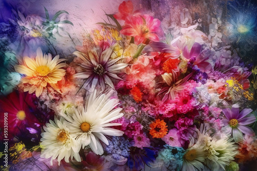  Background. Colorful daisies and chrysanthemums on grunge background.       Generative AI 