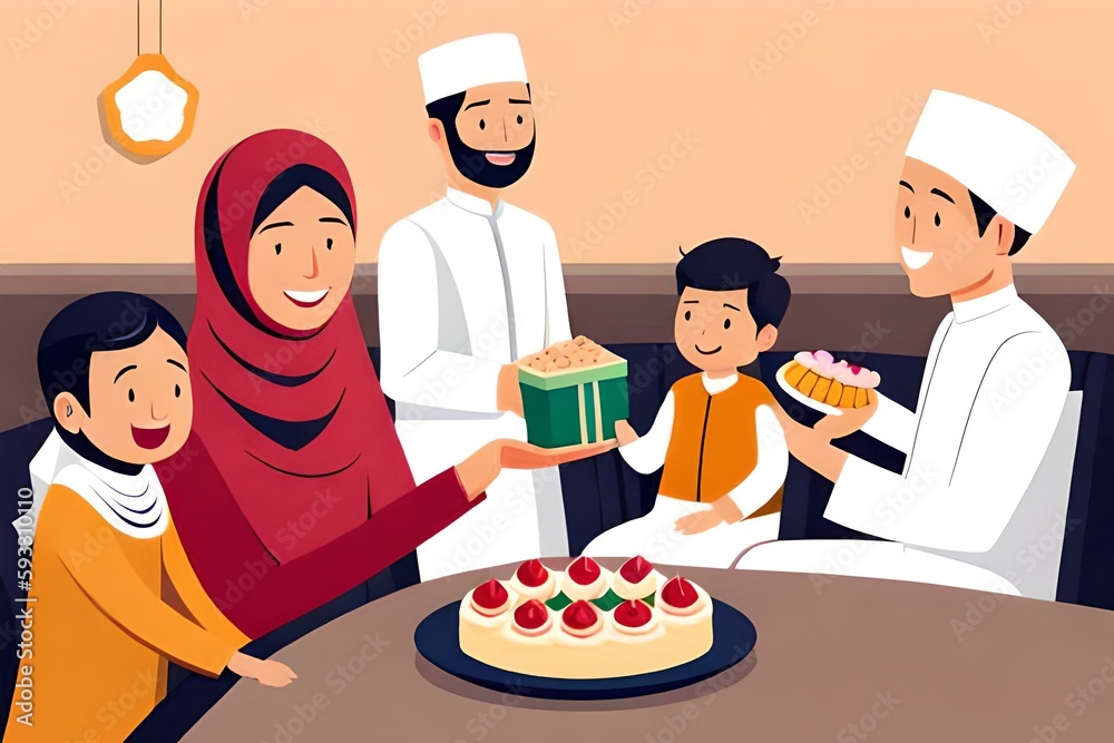 A Festive Eid-ul-Fitr Gathering: A Happy Family Sharing Sweets and Gifts With Laughter and Love A Festive Eid-ul-Fitr Gathering: A Happy Family Sharing Sweets and Gifts With Laughter and Love