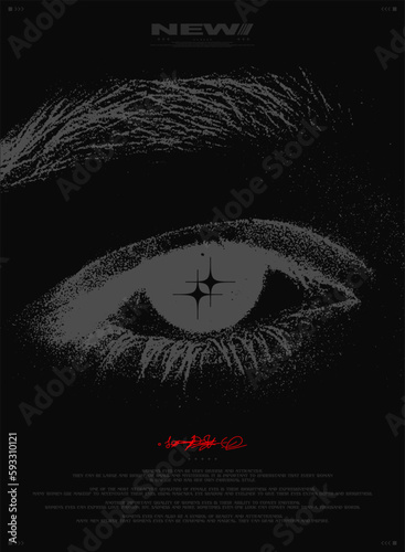 Retro futuristic poster with grunge effect and female eye. Abstract print for streetwear, for a jacket, t-shirt or sweatshirt. Isolated on black background