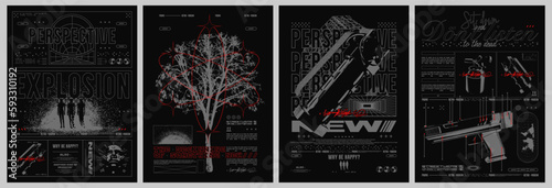 Retro futuristic poster. Abstract print for streetwear, for jacket, t-shirt or sweatshirt. Isolated on black background. Set of vector prints