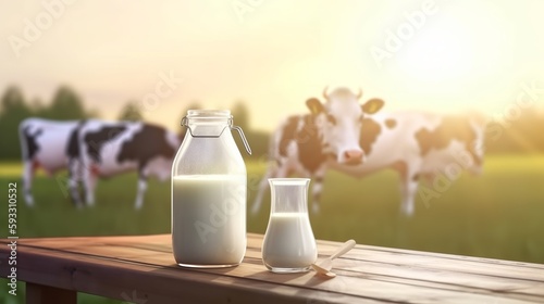 World Milk Day, Milk bottle or Jar on wooden table, Generative Ai © Deep Ai Generation