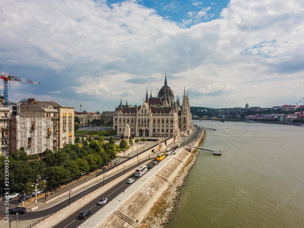 Fototapeta premium Aerial vIew by drone. Summer. Budapest, Hungary. Danube river. Parlament of Hungary.