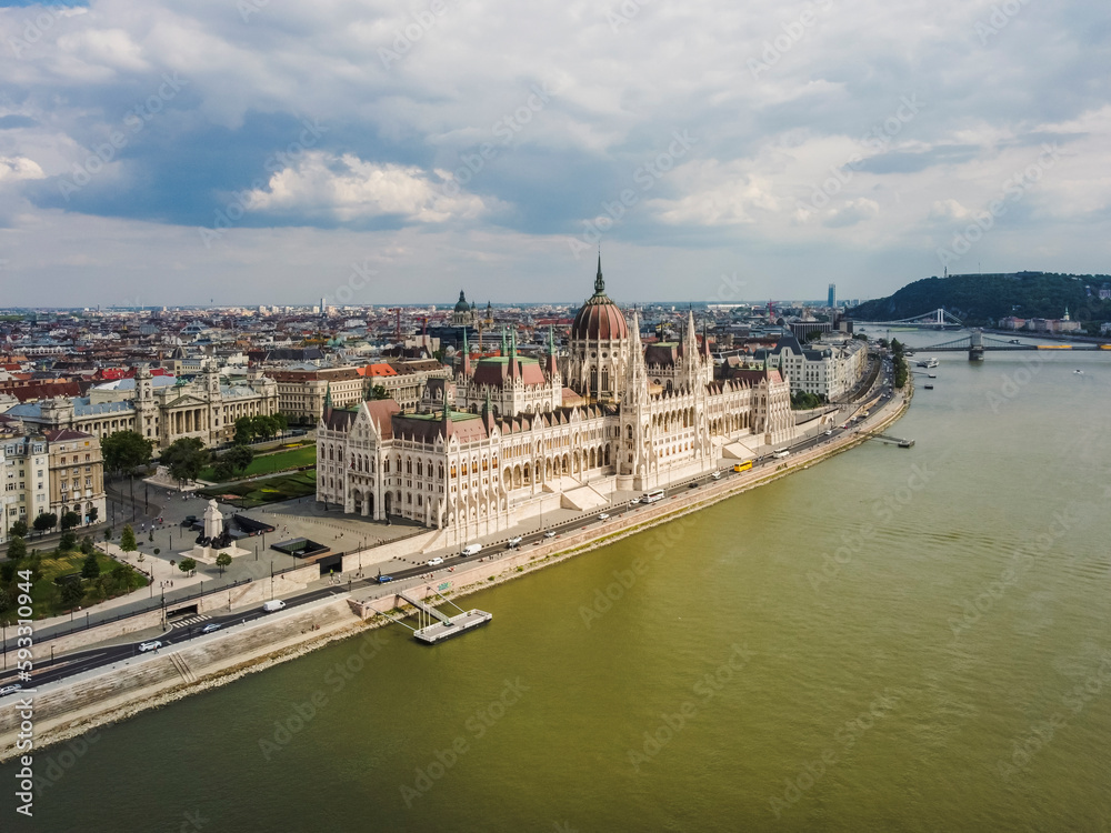 Aerial vIew by drone. Summer. Budapest, Hungary. Danube river. Parlament of Hungary.
