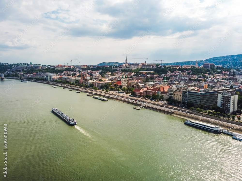 Aerial vIew by drone. Summer. Budapest, Hungary. Danube river, bridge.
