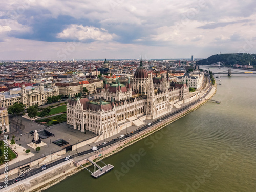 Aerial vIew by drone. Summer. Budapest, Hungary. Danube river. Parlament of Hungary. © Stanislav