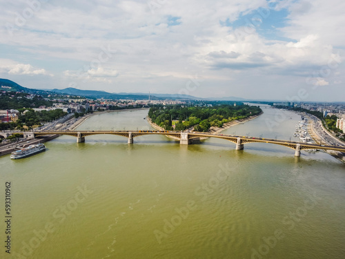 Aerial vIew by drone. Summer. Budapest, Hungary. Danube river, bridge.