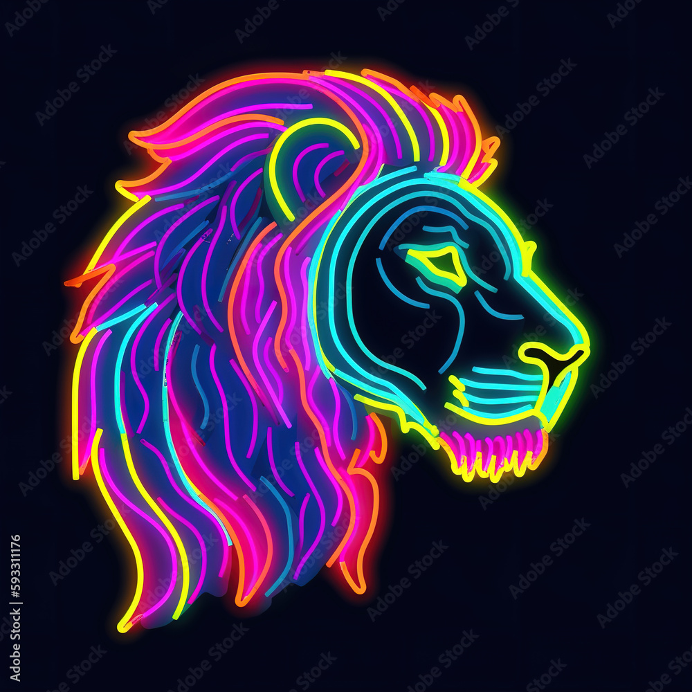 lion made of lava, water liquid, neon