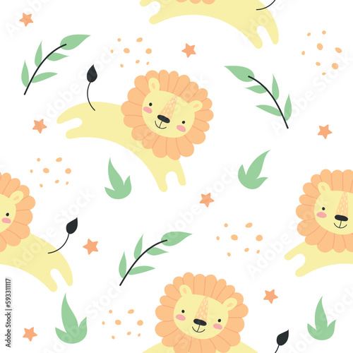 Animal pattern with with little lion, seamless background for kids. Cute vector texture for childish bedding, fabric, wallpaper, wrapping paper, textile, t-shirt print