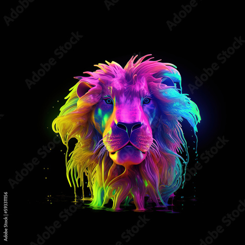 lion made of lava, water liquid, neon