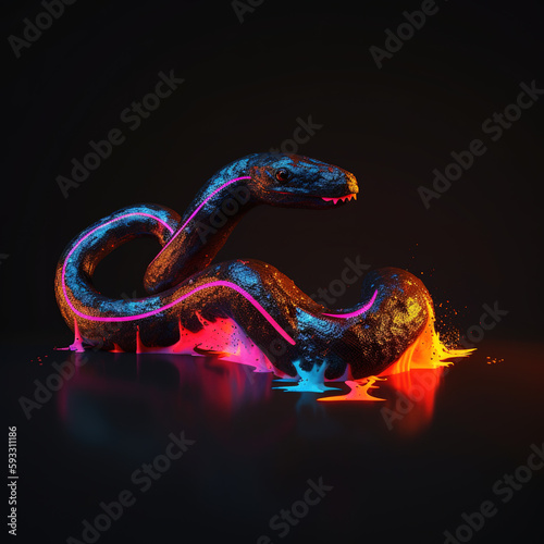 snake made of lava, water liquid, neon
