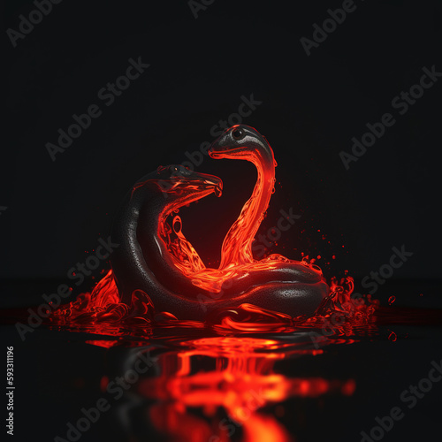 snake made of lava, water liquid, neon