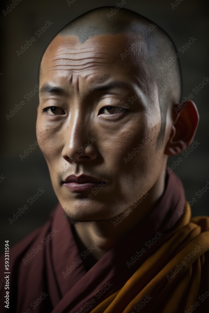 Meditierender Mönch Close-up-Porträt, Nahaufnahme eines meditierenden ...