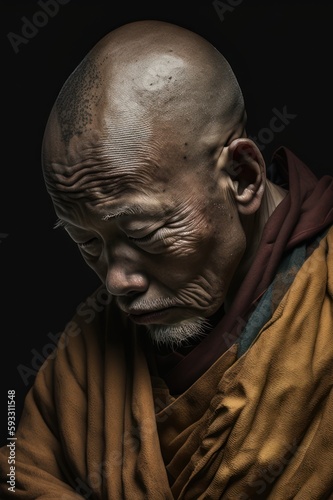 Buddhistischer Mönch, Meditierender Mönch Close-up Porträt, Nahaufnahme eines meditierenden Mönchs, Asiate im Profil, KI generiert