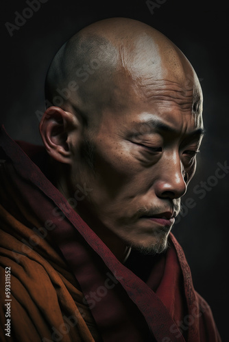 Meditierender Mönch Close-up Porträt, Nahaufnahme eines meditierenden Mönchs, Buddhistischer Mönch, Mann mit geschlossenen Augen, KI generiert