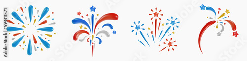 Set various vivid fireworks explosions. Festive art object for usa independence day. American national celebration design elements. Bright vector 3d cartoon illustration in minimal realistic style.