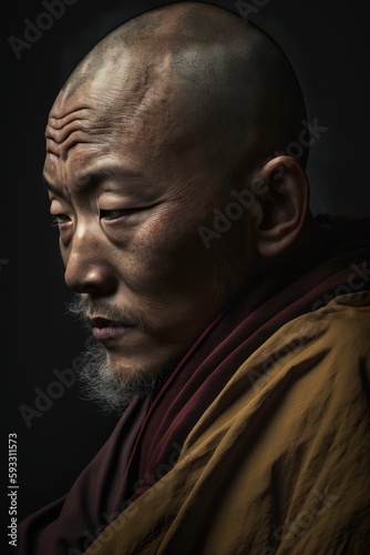 Meditierender Mönch Close-up Porträt, Nahaufnahme eines meditierenden Mönchs, Buddhistischer Mönch, Asiate, Mann mit geschlossenen Augen, KI generiert