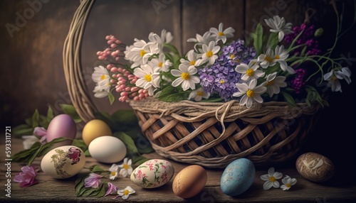 Wallpaper Mural Easter eggs in a basket surrounded by flowers on vintage woode,Generative AI Torontodigital.ca