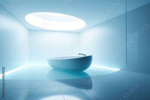 a bathtub is shown in the bathrooms interior of a white room with a white wall. Generative AI