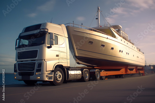 Truck towing large private business expensive luxury yacht ship boaton the interstate. Generative AI.