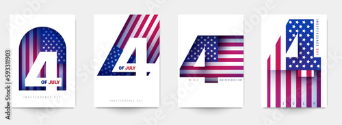 Set 4 th of july american independence day template for banner, flyer, poster, card. Mockup creative modern celebration composition. Holiday minimal patriotic concept art. Vector illustration.