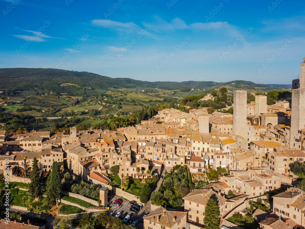 Aerial vIew by drone. Summer. San Gimignano, Italia. Toscana region.