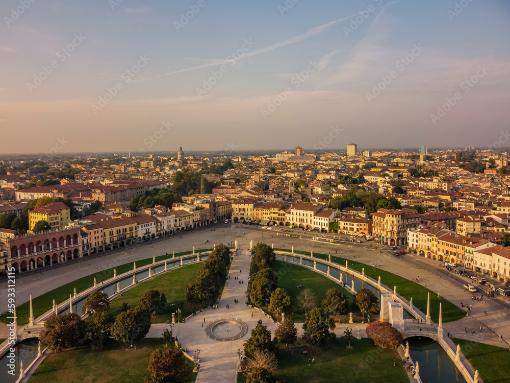 Aerial vIew by drone. Summer. Padua, Italia. Veneto region. Sunset.