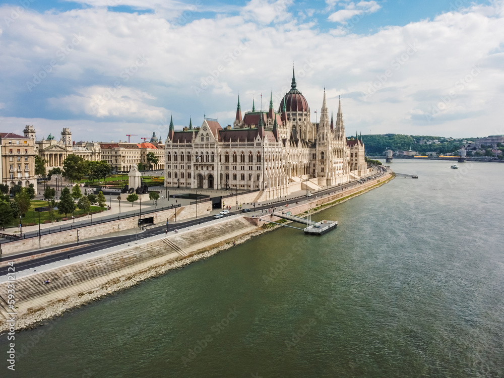Obraz premium Aerial vIew by drone. Summer. Budapest, Hungary. Danube river. Parlament of Hungary.