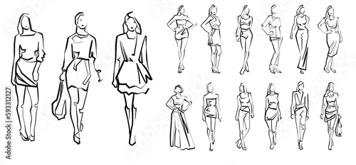 Line Drawing Illustration of Young Woman In Smart Casual Wear.  Outline drawing for coloring