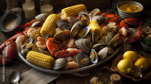 Fotografie, Tablou Clam bake - a New England seafood feast that typically includes clams, lobster,