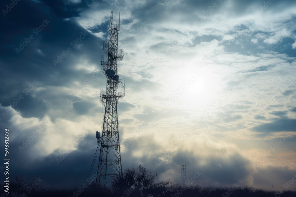 Cell phone or broadcast transmitter antenna tower with clouds background, high quality generative ai Cell phone or broadcast transmitter antenna tower with clouds background, high quality generative ai