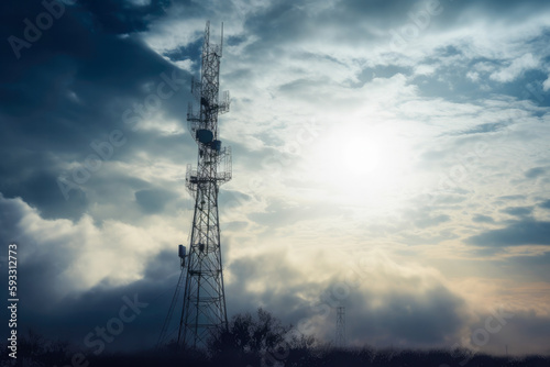 Cell phone or broadcast transmitter antenna tower with clouds background, high quality generative ai