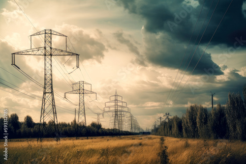 View of power lines and towers at setting sun with clouds. High quality generative ai