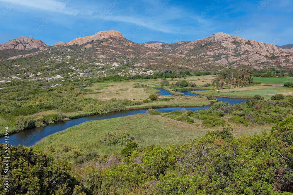 Obraz premium Natural reserve Desert des Agriates coastal landscape in Corsica. Fields, - river, and meadow landscape at the beach l'Ostriconi, Desert des Agriates, Corsica island, France