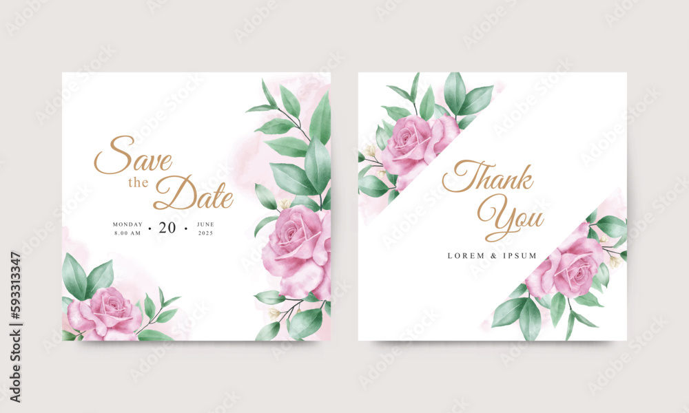 Wedding invitation card with pink roses and green leaves