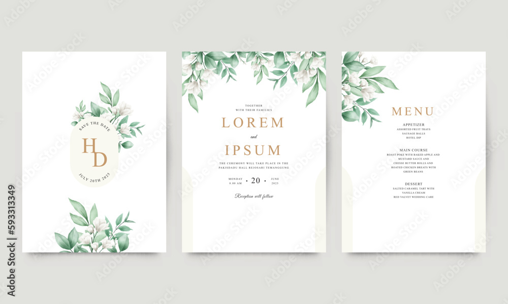 Set of white floral wedding invitations and green leaves