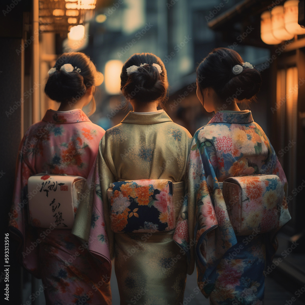Geishas seen from behind, traditionally clothed in kimono, Japanese street, sundown, lampignons hanging from the ancient town facades - AI generated