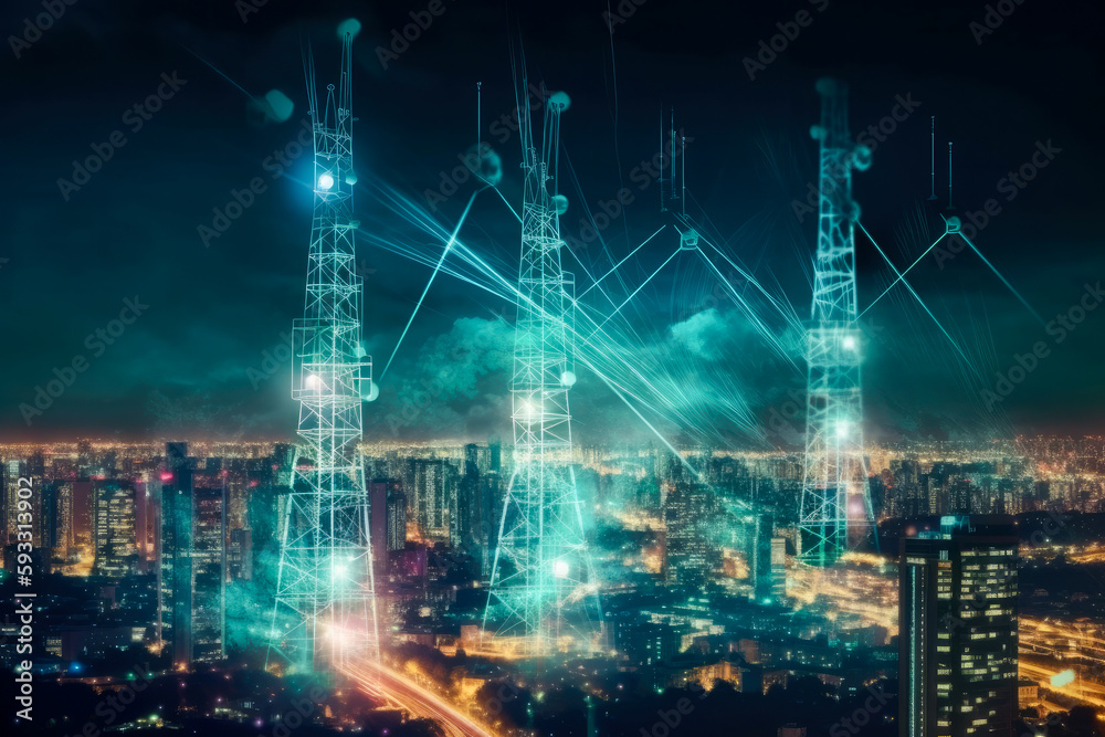 Fototapeta premium Cell phone or broadcast transmitter antenna towers with cityscape background, with connections concept, high quality generative ai