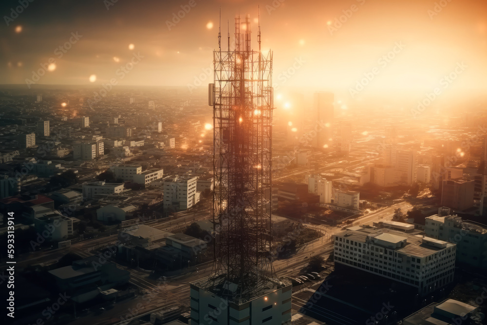 Cell phone or broadcast transmitter antenna tower with cityscape background, and setting sun, high quality generative ai